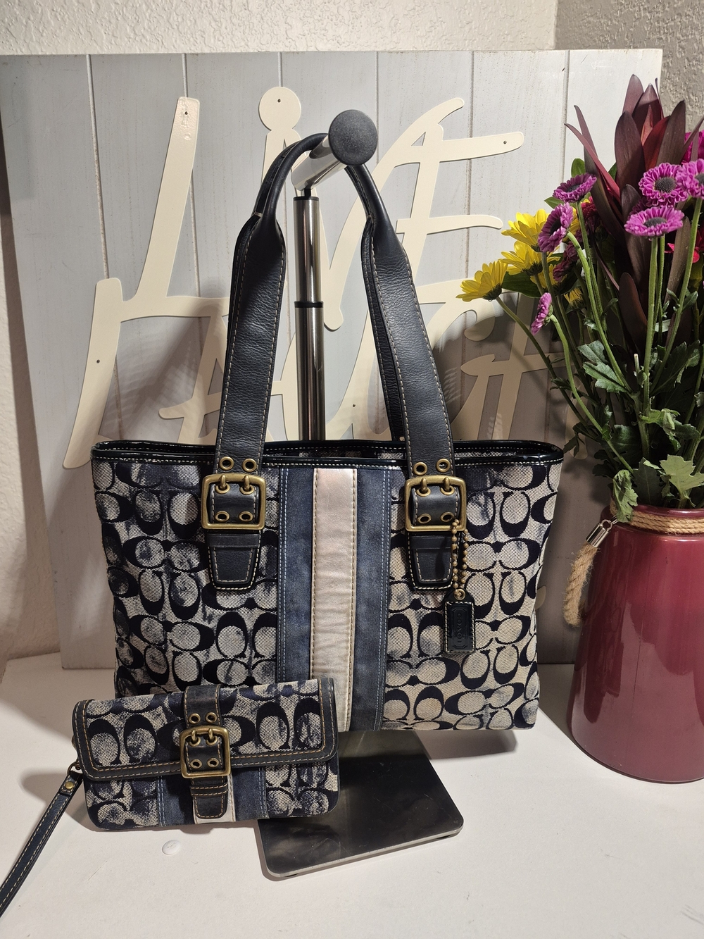 Vintage Y2k Coach Signature Canvas Tote Bag In TieDye Denim With Matching Wallet
